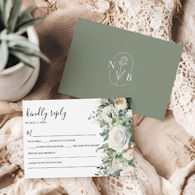 Tarjeta De Confirmación De Asistencia Verde Eucalyptus White Rose Elegant Wedding (Subido por el creador)