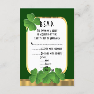 Tarjeta De Confirmación De Asistencia Verde irlandés, boda de chamrock de oro R.S.V.P