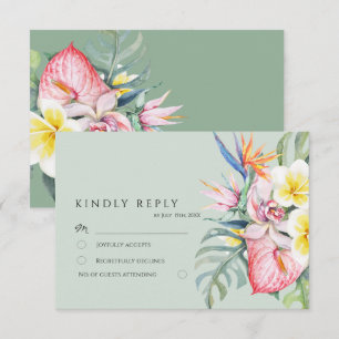 Tarjeta De Confirmación De Asistencia Verde Salvia Floral Tropical Hawái Boda