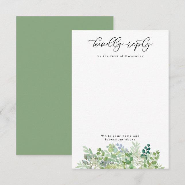 Tarjeta De Confirmación De Asistencia Verdes acuarelas y follaje vertical en blanco (Anverso / Reverso)
