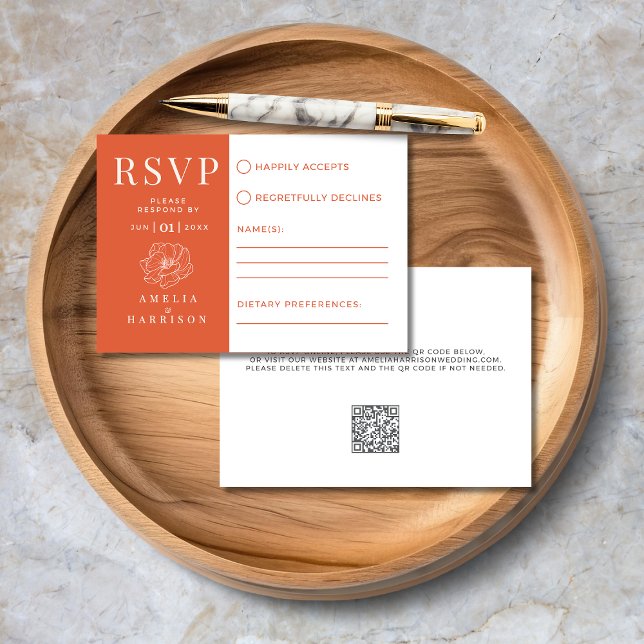 Tarjeta De Confirmación De Asistencia Verona Sunset Naranja Floral Elegante Boda (Verona Sunset Orange Floral Line Art Elegant Wedding RSVP Card with QR Code, Dietary Preferences.)