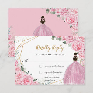 Tarjeta De Confirmación De Asistencia Vestido de Quinceañera Princesa Floral Rosas Rosad