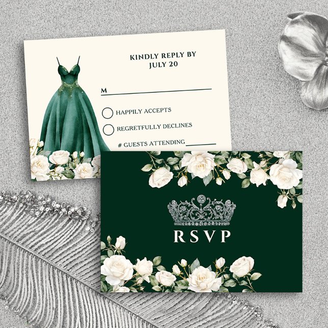 Tarjeta De Confirmación De Asistencia Vestido Princesa y Rosas Esmeralda Verde Quinceane (RSVP Card from the Princess Dress and Roses Quinceanera Collection by Darling & May)