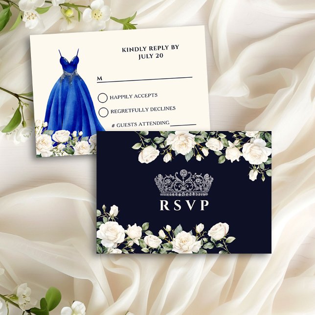 Tarjeta De Confirmación De Asistencia Vestido Princesa y Rosas Real Azul Quinceanera (RSVP card from the Princess Dress and Roses Quinceanera collection by Darling & May)