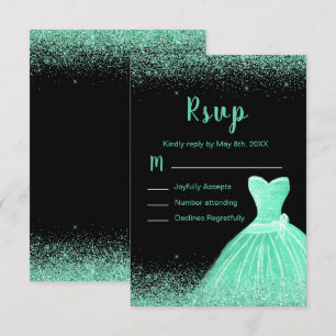 Tarjeta De Confirmación De Asistencia Vestido Verde Menta Brillo Falso Quinceanera