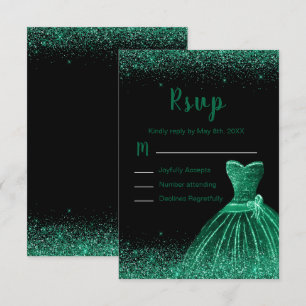 Tarjeta De Confirmación De Asistencia Vestido Verde Oscuro Brillo Falso Cumpleaños Dulce