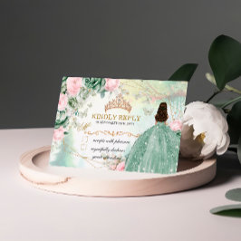 Tarjeta De Confirmación De Asistencia Vestido Verde Salvia Rosa Brillante Quinceanera 15