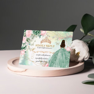 Tarjeta De Confirmación De Asistencia Vestido Verde Salvia Rosa Brillante Quinceanera 15