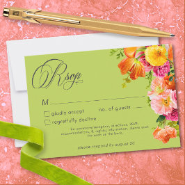 Tarjeta De Confirmación De Asistencia Vibrant Summer Floral Lime Orange Pink Wedding