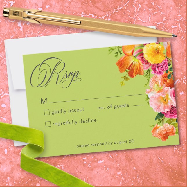 Tarjeta De Confirmación De Asistencia Vibrant Summer Floral Lime Orange Pink Wedding (Vibrant Summer Floral Lime Orange Pink Wedding RSVP Card)