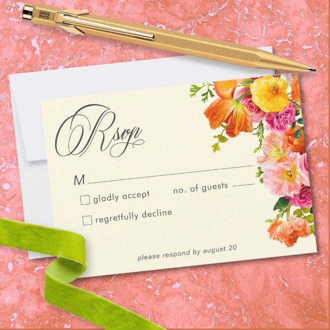 Tarjeta De Confirmación De Asistencia Vibrant Summer Floral Yellow Orange Pink Wedding (Vibrant Summer Floral Yellow Orange Pink Wedding RSVP Card)