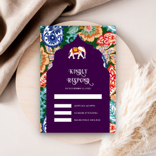 Tarjeta De Confirmación De Asistencia Vibrante arte popular indio elefante berenjena bod