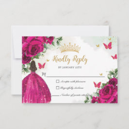 Tarjeta De Confirmación De Asistencia Vibrante Fuchsia Princesa Floral Rosa Quinceañera