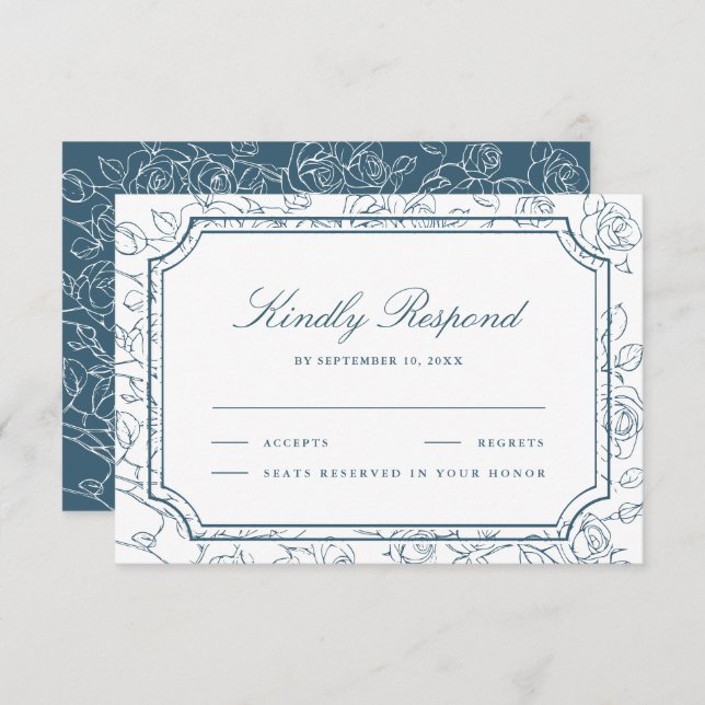 Tarjeta De Confirmación De Asistencia Victorian Dusty Blue Floral Line Art Wedding (Anverso / Reverso)