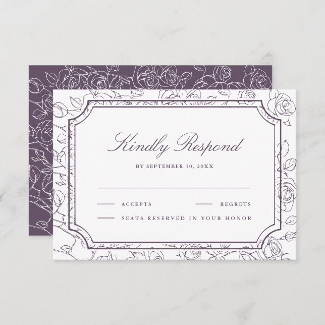 Tarjeta De Confirmación De Asistencia Victorian Dusty Purple Floral Line Art Wedding (Anverso / Reverso)