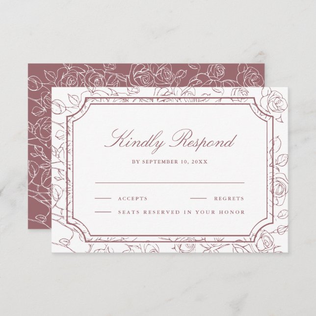 Tarjeta De Confirmación De Asistencia Victorian Dusty Rose Floral Line Art Wedding (Anverso / Reverso)