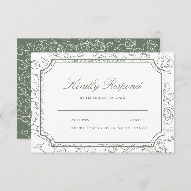 Tarjeta De Confirmación De Asistencia Victorian Sage Green Floral Line Art Wedding (Anverso / Reverso)