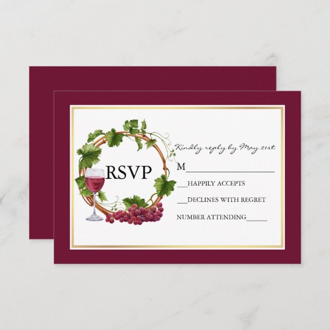 Tarjeta De Confirmación De Asistencia Vinos de uva acuarela Wreath Burgundy Boda (Anverso / Reverso)