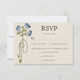 Tarjeta De Confirmación De Asistencia Vintage Art Nouveau Dusty Blue Navy Flowers Meals