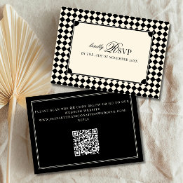 Tarjeta De Confirmación De Asistencia Vintage Black Checkered Old Money QR Code Wedding