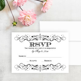 Tarjeta De Confirmación De Asistencia Vintage Black Flourish White Boda