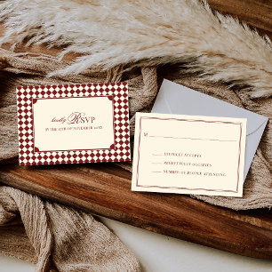 Tarjeta De Confirmación De Asistencia Vintage de Dinero Antiguo Cuadros Rojos Boda por C