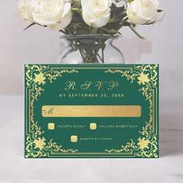 Tarjeta De Confirmación De Asistencia Vintage Emerald Green Faux Gold Elegant Wedding