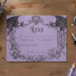 Tarjeta De Confirmación De Asistencia Vintage Gothic Black Toile Bat Purple Wedding