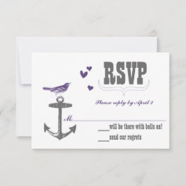Tarjeta De Confirmación De Asistencia Vintage Moderno Lindo Pájaro Morado Ancla Gris RSV