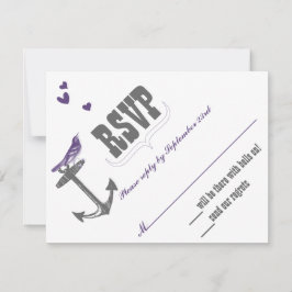 Tarjeta De Confirmación De Asistencia Vintage Moderno Lindo Pájaro Morado Ancla Gris RSV