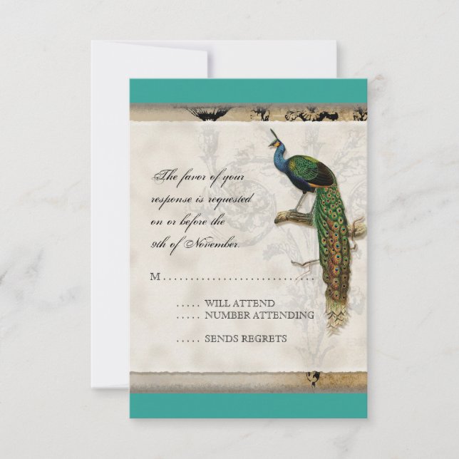 Tarjeta De Confirmación De Asistencia Vintage Peacock 6 Music Notes Candelabra Swirl (Anverso)