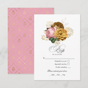 Tarjeta De Confirmación De Asistencia Vintage Rubor Pink and Gold Floral Quinceañera