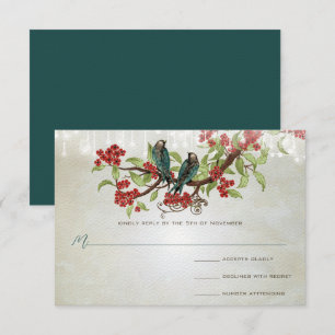 Tarjeta De Confirmación De Asistencia Vintage Verde azulado Amor Aves Rojo Blossom Gray 
