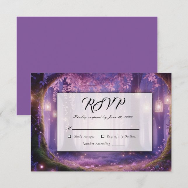 Tarjeta De Confirmación De Asistencia Violeta a medianoche encantada Boda forestal (Anverso / Reverso)