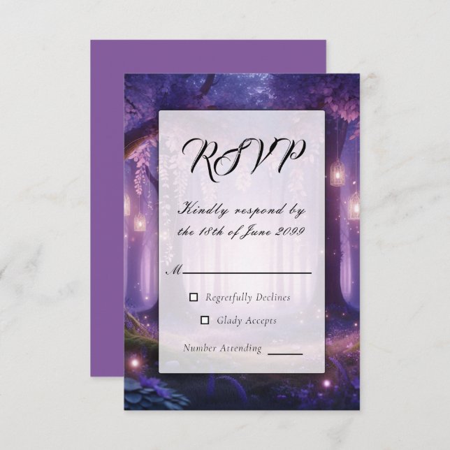 Tarjeta De Confirmación De Asistencia Violeta en un bosque encantado a medianoche (Anverso / Reverso)