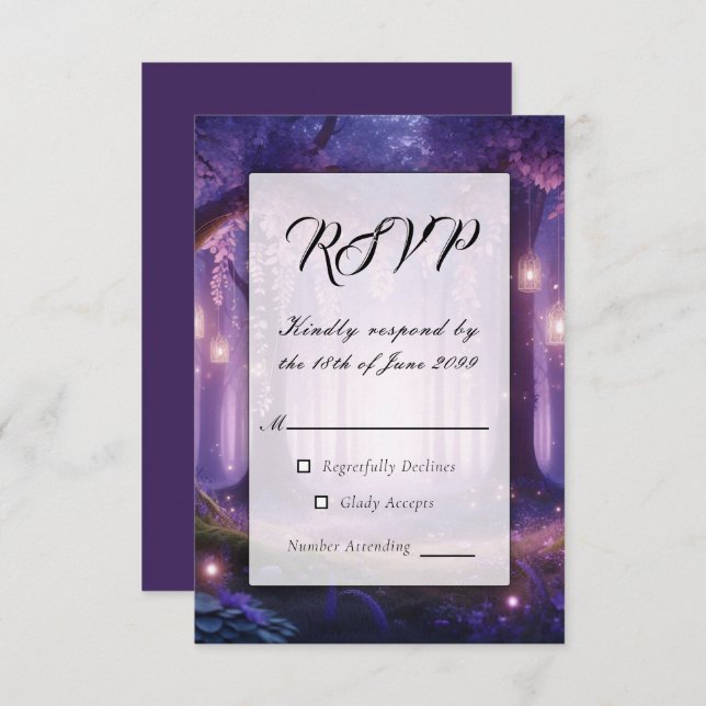 Tarjeta De Confirmación De Asistencia Violeta en un bosque encantado a medianoche (Anverso / Reverso)