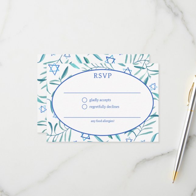 Tarjeta De Confirmación De Asistencia Watercolor Botanical Star David Bar Bat Mitzvah (Anverso/Reverso In Situ)
