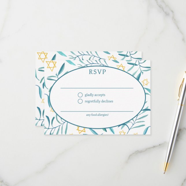 Tarjeta De Confirmación De Asistencia Watercolor Botanical Star David Bar Bat Mitzvah (Anverso/Reverso In Situ)