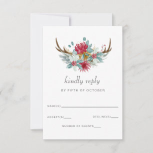 Tarjeta De Confirmación De Asistencia Watercolor Deer Floral Antler Pine Winter Wedding