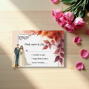 Tarjeta De Confirmación De Asistencia Watercolor Floral Bride Y Groom Fall Wedding