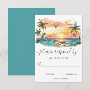 Tarjeta De Confirmación De Asistencia Watercolor Tropical Beach Sunset Boda