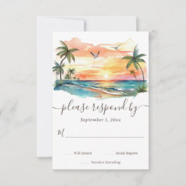 Tarjeta De Confirmación De Asistencia Watercolor Tropical Beach Sunset Boda