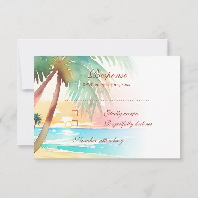 Tarjeta De Confirmación De Asistencia Watercolor Tropical Beach Wedding (Anverso)