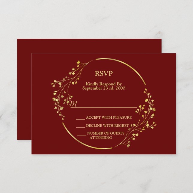 Tarjeta De Confirmación De Asistencia Wedding Golden Floral Geometric Wreath Red (Anverso / Reverso)