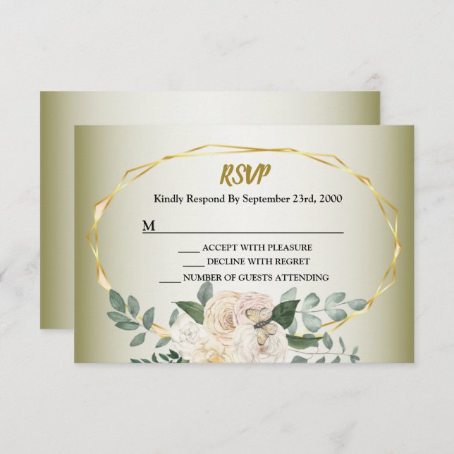 Tarjeta De Confirmación De Asistencia Wedding Greenery Leaves Pink Floral Gold Geometric (Anverso / Reverso)