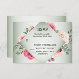 Tarjeta De Confirmación De Asistencia Wedding Pink Floral Rustic Geometric Green