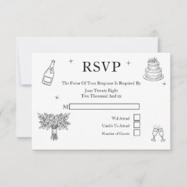 Tarjeta De Confirmación De Asistencia Wedding Whimsical Doodles Grey and White