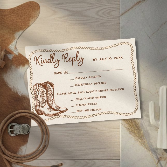 Tarjeta De Confirmación De Asistencia Western Cowboy Boots Barn Wedding Meal Choice (Subido por el creador)