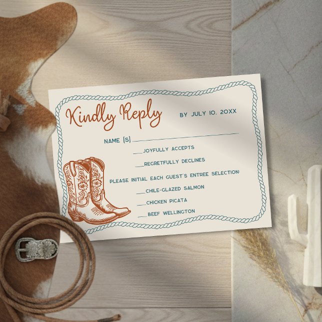 Tarjeta De Confirmación De Asistencia Western Cowboy Boots Barn Wedding Meal Choice (Subido por el creador)