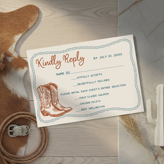 Tarjeta De Confirmación De Asistencia Western Cowboy Boots Barn Wedding Meal Choice (Subido por el creador)